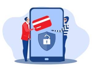 Illustration of a thief and a man exchanging a credit card in front of a smartphone with an unlocked padlock, representing cyber fraud and financial scams.