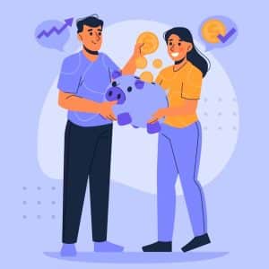 Ilustração de um homem e uma mulher sorrindo enquanto depositam moedas em um cofrinho em formato de porco roxo, simbolizando poupança e planejamento financeiro conjunto.