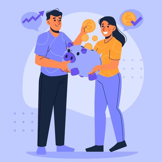 Ilustração de um homem e uma mulher sorrindo enquanto depositam moedas em um cofrinho em formato de porco roxo, simbolizando poupança e planejamento financeiro conjunto.