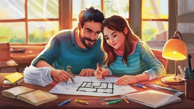 Ilustração realista de um casal desenhando juntos a planta de uma casa sobre a mesa, cercados por papéis, lápis e luz de abajur, representando planejamento de construção e sonhos em comum.