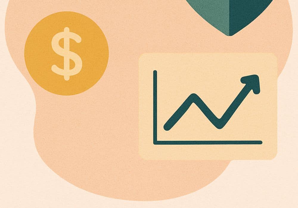 Ilustração digital em estilo flat com calculadora, gráficos ascendentes, escudo e moeda dourada, representando ferramentas digitais para controle financeiro.