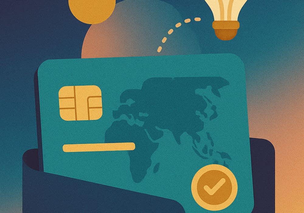 Ilustração digital em estilo flat mostrando um cartão de crédito teal com chip dourado, mapa do mundo e elementos abstratos coloridos, representando inovação e viagens com cartão de crédito.