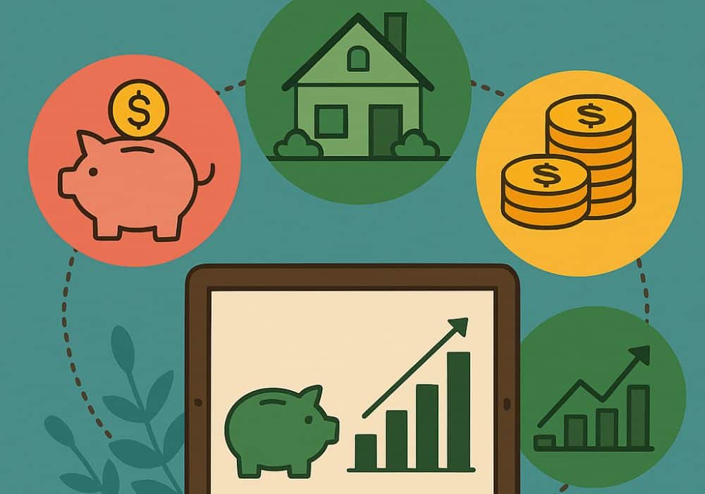 Ilustração digital plana mostrando um tablet com gráfico de crescimento e ícone de cofrinho, cercado por ícones de casa, pilhas de moedas e gráficos ascendentes, representando planejamento financeiro para aposentadoria sem personagens.