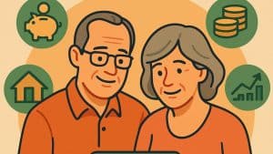 Ilustração digital plana mostrando um casal de meia-idade sorrindo enquanto segura um tablet, cercado por ícones de cofrinho, casa, moedas e gráfico de crescimento, representando planejamento para a aposentadoria sem texto