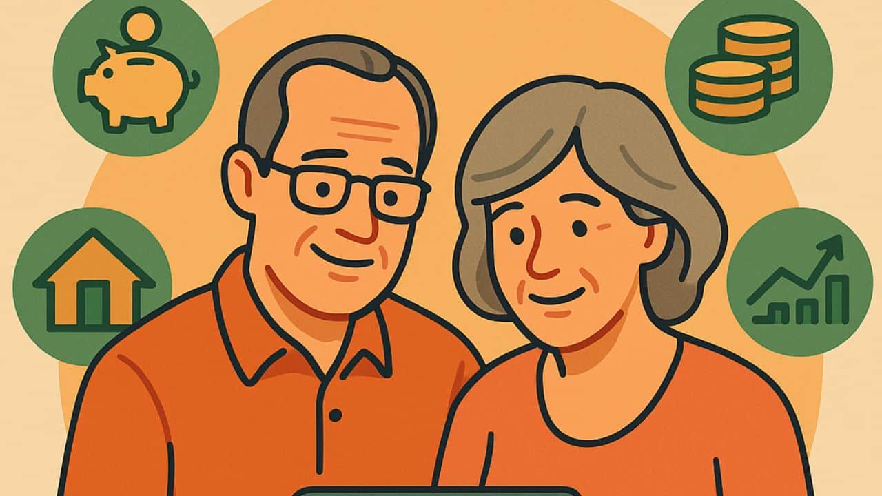 Ilustração digital plana mostrando um casal de meia-idade sorrindo enquanto segura um tablet, cercado por ícones de cofrinho, casa, moedas e gráfico de crescimento, representando planejamento para a aposentadoria sem texto