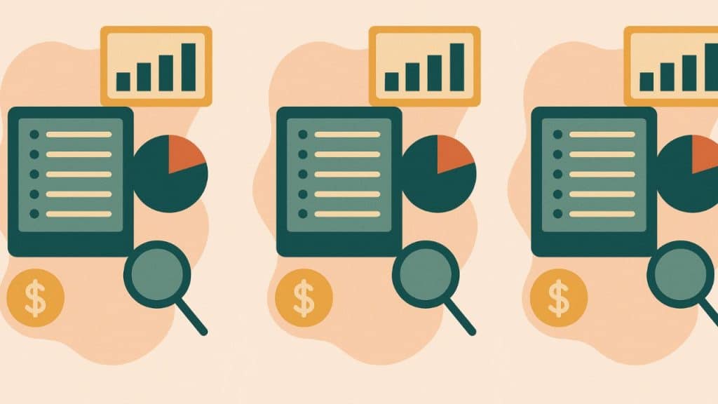 Ilustração digital em estilo flat mostrando um tablet com gráficos, lupa, cifrão e elementos financeiros abstratos, representando ferramentas digitais de controle financeiro.