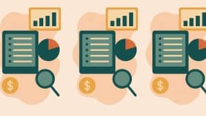 Ilustração digital em estilo flat mostrando um tablet com gráficos, lupa, cifrão e elementos financeiros abstratos, representando ferramentas digitais de controle financeiro.