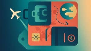 : Ilustração digital criativa mostrando cartões de crédito estilizados se transformando em elementos de viagem, como avião, globo terrestre e mala, simbolizando a conexão entre crédito e viagens.