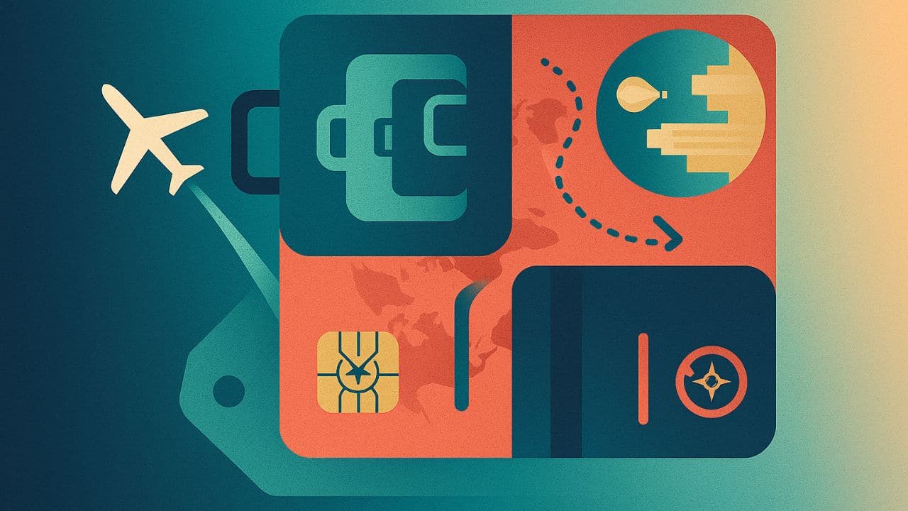 : Ilustração digital criativa mostrando cartões de crédito estilizados se transformando em elementos de viagem, como avião, globo terrestre e mala, simbolizando a conexão entre crédito e viagens.