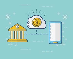 Ilustración de un banco, una nube con símbolo de dinero y un teléfono móvil conectados, simbolizando servicios financieros en la nube y banca digital.