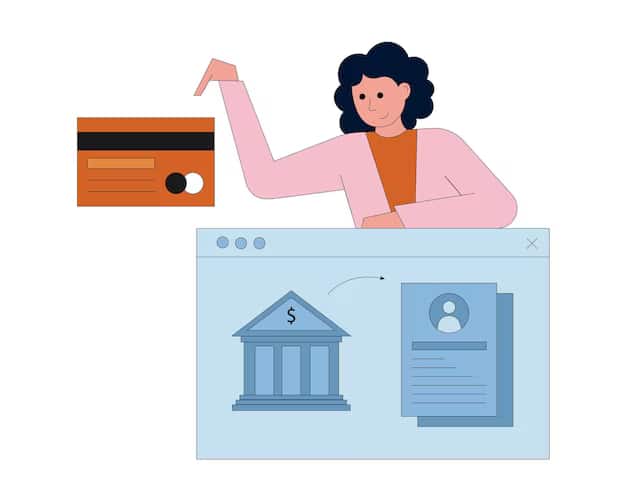 Mujer sosteniendo una tarjeta de crédito frente a una pantalla con iconos de banco y documentos digitales, representando banca en línea y finanzas digitales.