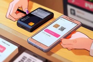 Pago digital con tarjeta y teléfono móvil escaneando un código QR en un punto de venta, ilustrando la seguridad y rapidez de las transacciones financieras modernas.