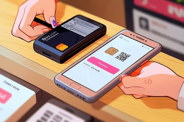 Pago digital con tarjeta y teléfono móvil escaneando un código QR en un punto de venta, ilustrando la seguridad y rapidez de las transacciones financieras modernas.