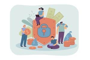 Ilustración de personas protegiendo su dinero frente a un gran escudo con un candado azul; hay monedas, billetes y bolsas de dinero alrededor, representando la seguridad financiera, el ahorro y la estabilidad económica a través de la colaboración.