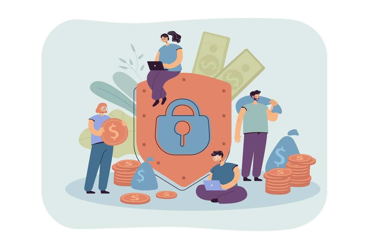 Ilustración de personas protegiendo su dinero frente a un gran escudo con un candado azul; hay monedas, billetes y bolsas de dinero alrededor, representando la seguridad financiera, el ahorro y la estabilidad económica a través de la colaboración.