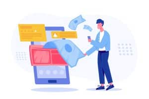 Ilustración de un hombre usando su teléfono móvil mientras extrae dinero de una billetera digital en la pantalla, simbolizando operaciones financieras y gestión de dinero en línea.