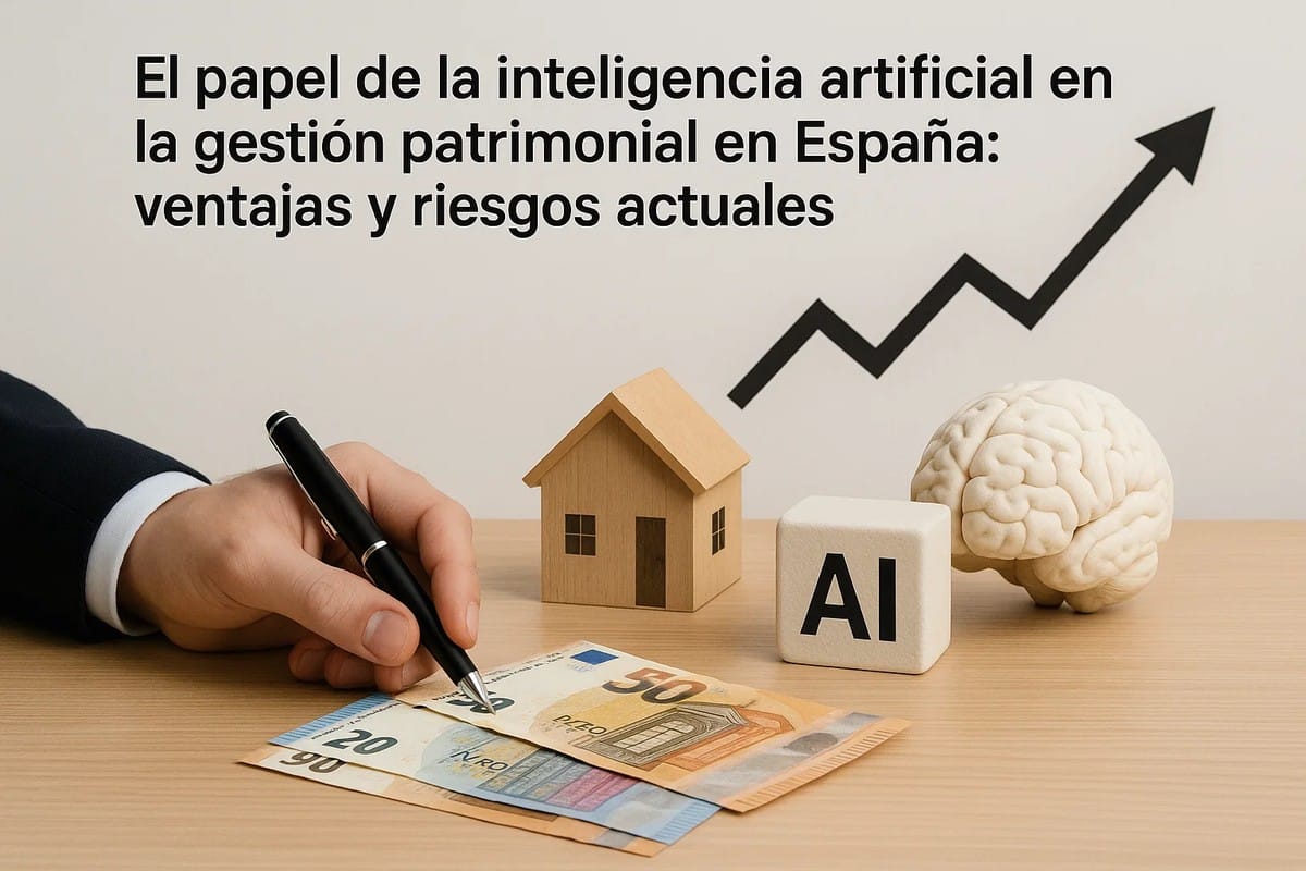 Una mano sostiene un bolígrafo sobre varios billetes de euro mientras, encima de la mesa, se observan una casa en miniatura de madera, un cubo con las letras “AI” y un modelo de cerebro. En el fondo, una flecha ascendente representa el crecimiento financiero. En la parte superior se lee el texto “El papel de la inteligencia artificial en la gestión patrimonial en España: ventajas y riesgos actuales”. La imagen comunica cómo la información y las herramientas de inteligencia artificial influyen en la toma de decisiones financieras y la gestión del patrimonio.
